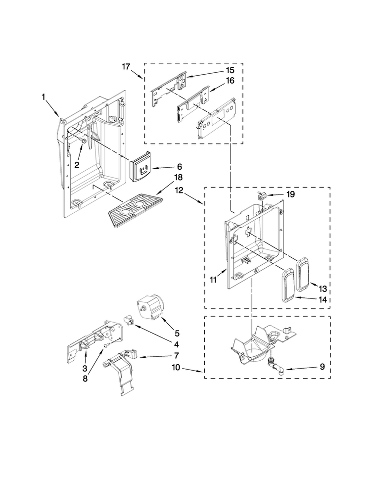 Dispenser Front Parts Diagram and Parts List for JS42SEDUDW00  Jenn-Air Refrigerator