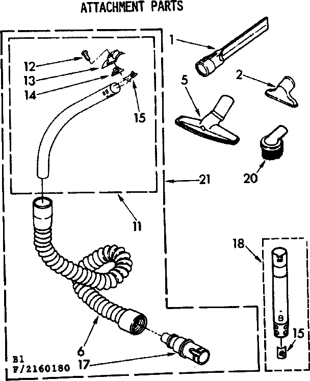 Attachment Parts Diagram and Parts List for 1162160180  Kenmore Canister Vacuum