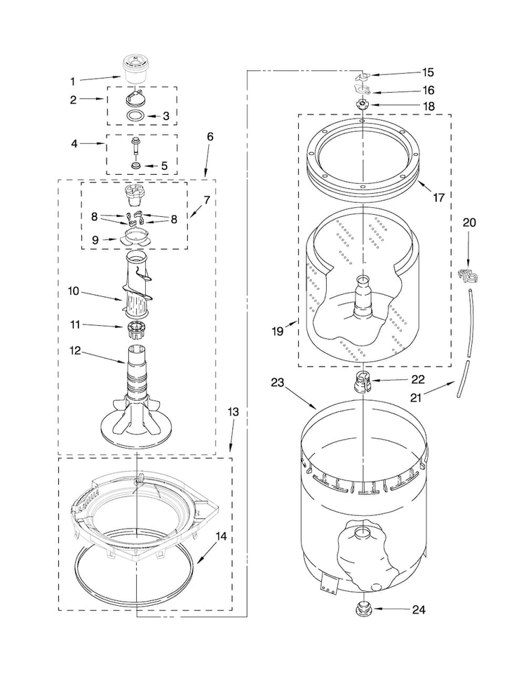 Agitator, Basket And Tub Parts Diagram and Parts List for MVWC7ESWW0  Maytag Washer