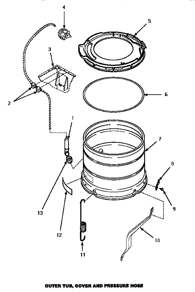 OUTER TUB, COVER & PRESSURE HOSE Diagram and Parts List for LW4302L P1163302W L Amana Washer
