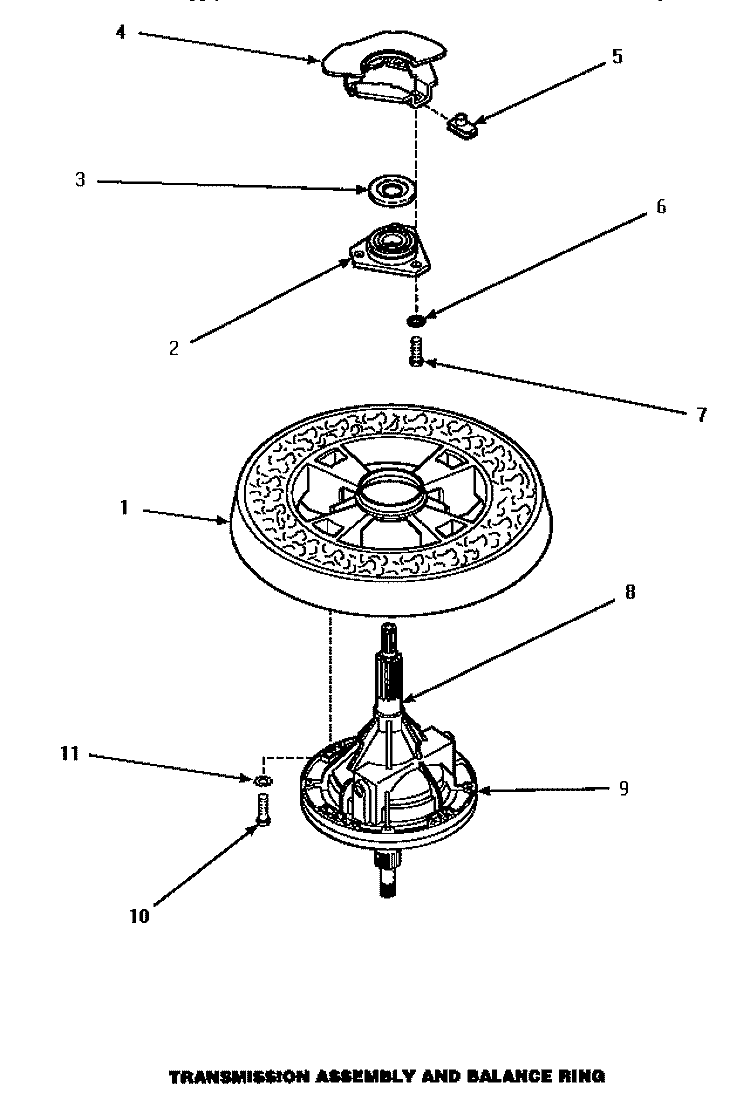 TRANSMISSION ASSY & BALANCE RING Diagram and Parts List for LW4302L P1163302W L Amana Washer