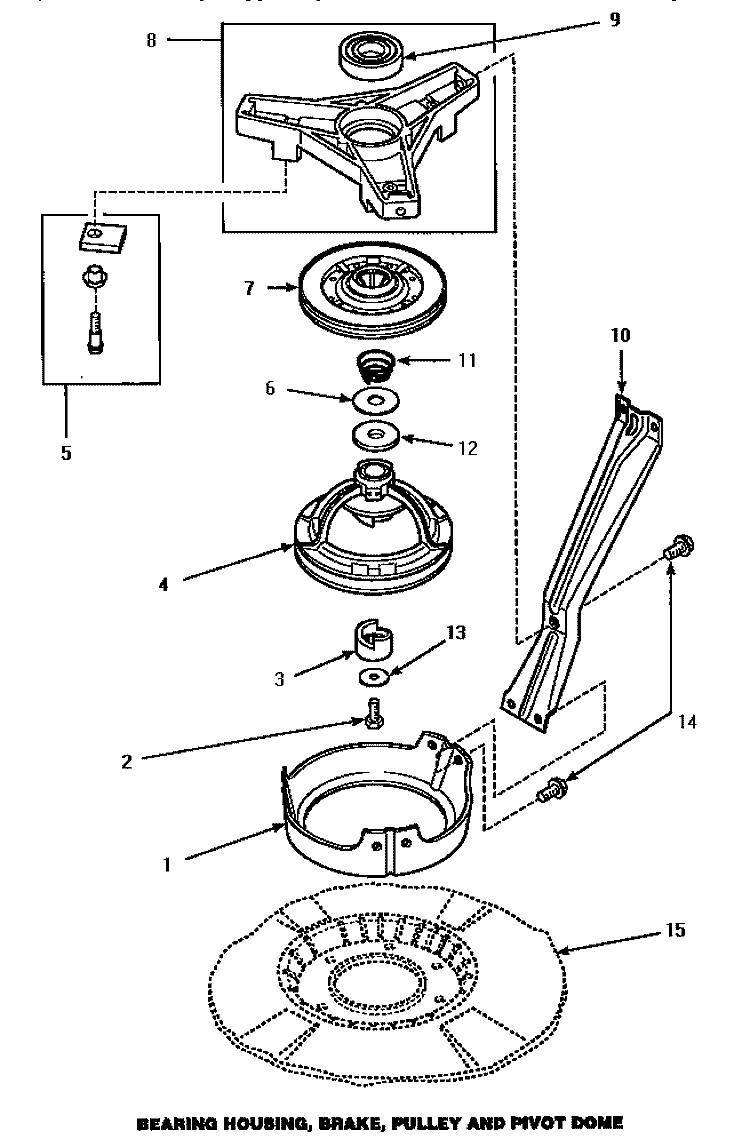 BRG HSG / BRAKE / PULLEY & PIVOT DOME Diagram and Parts List for LW4302L P1163302W L Amana Washer
