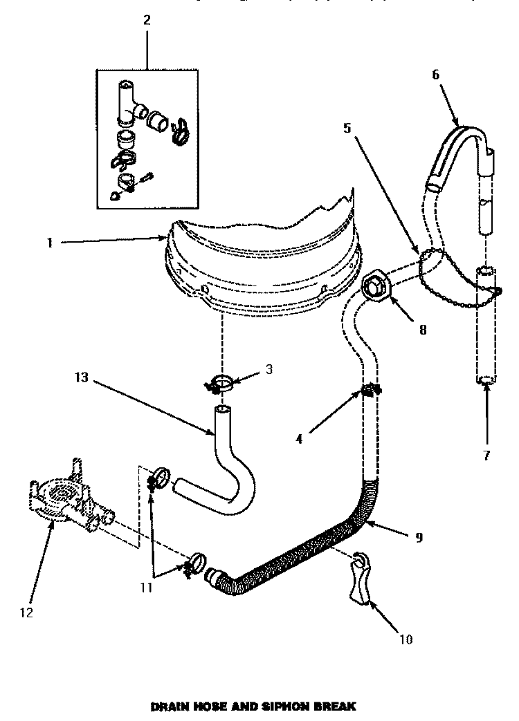 DRAIN HOSE & SIPHON BREAK Diagram and Parts List for LW4302L P1163302W L Amana Washer