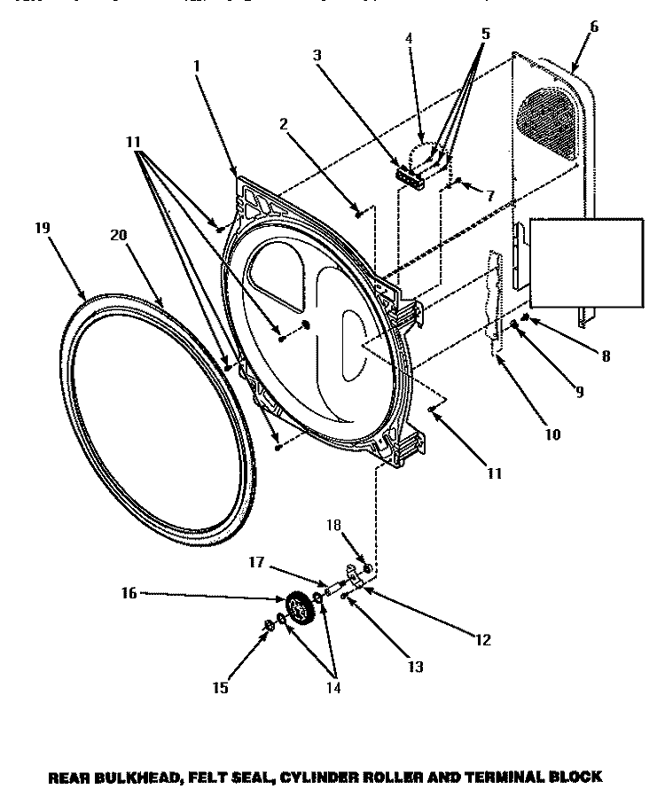 BULKHEAD / FELT SEAL / CYL ROLLER & TERM BLK Diagram and Parts List for LE8327W PLE8327W Amana Dryer