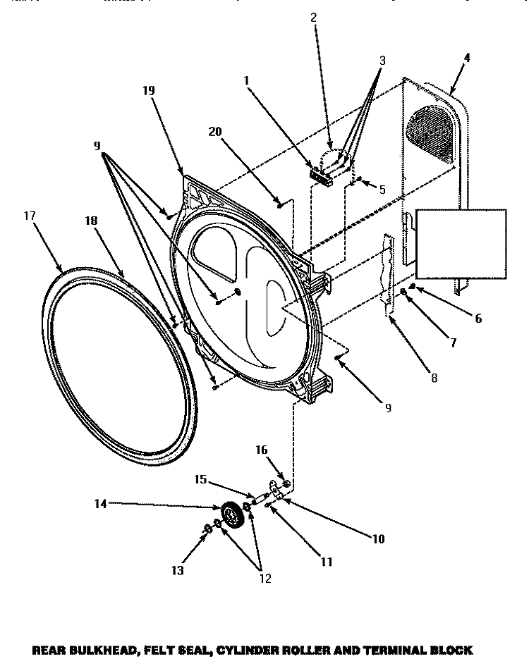 BULKHEAD / FELT SEAL / CYL ROLLER & TERM BLK Diagram and Parts List for LG8329W PLG8329W Amana Dryer