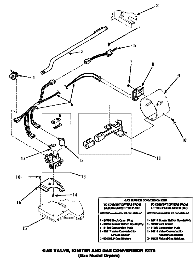 GAS VALVE, IGNITER & GAS CONVERSION KITS Diagram and Parts List for LG8329W PLG8329W Amana Dryer