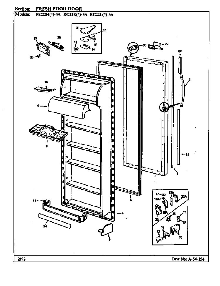 Fresh Food Door Diagram and Parts List for RC22HY-3A 9S01A Magic Chef Refrigerator