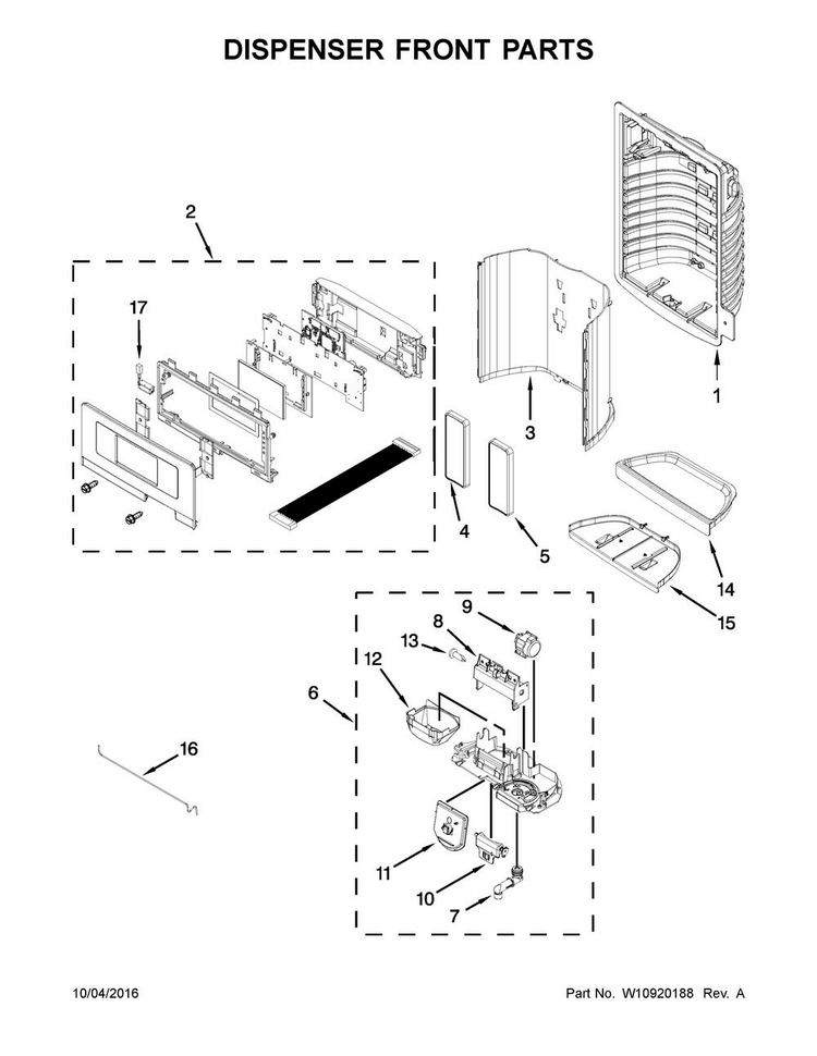 Dispenser Front Parts Diagram and Parts List for MFI2570FEB00  Maytag Refrigerator