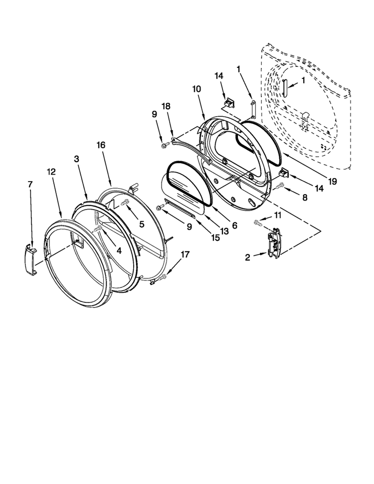 Door Parts Diagram and Parts List for MDG25PDAXW1  Maytag Dryer