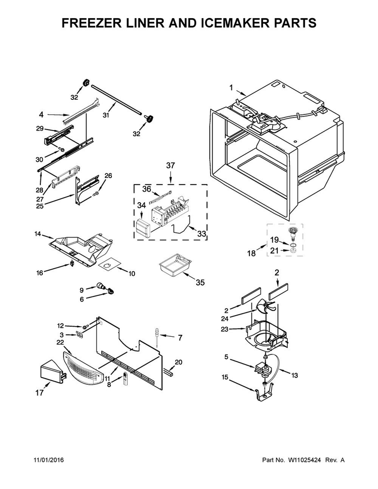 Freezer Liner And Icemaker Parts Diagram and Parts List for MFF2558FEZ01  Maytag Refrigerator