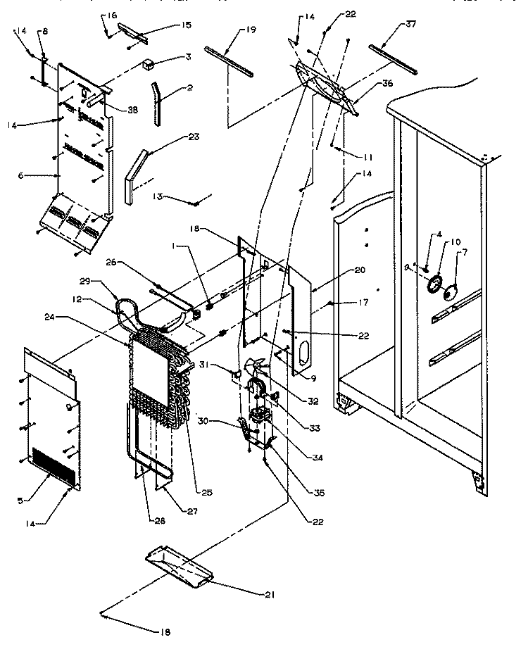 EVAP & AIR HANDLING (FRZ) Diagram and Parts List for SBI20S2E P1190701W E Amana Refrigerator