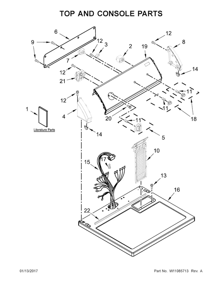 Top And Console Parts Diagram and Parts List for CGD7006GW0  Crosley Dryer
