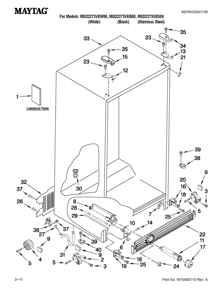 Cabinet Parts Diagram and Parts List for MSD2273VEW00  Maytag Refrigerator