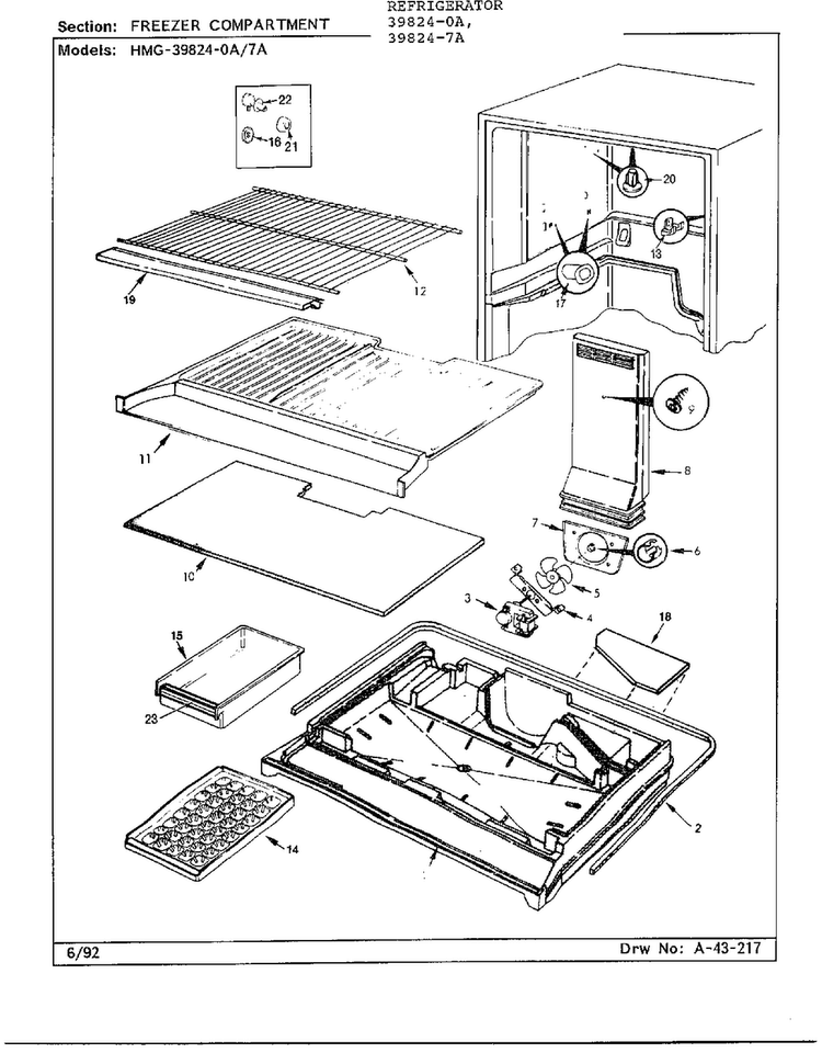 Freezer Compartment Diagram and Parts List for 39824-7A  Admiral Refrigerator