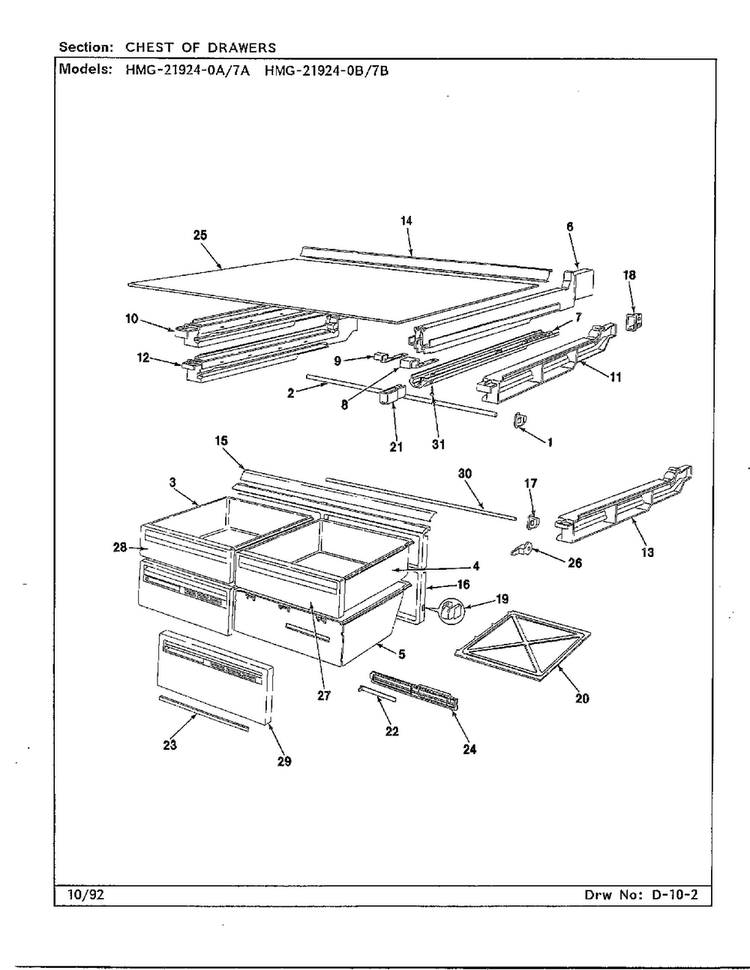 Chest Of Drawers Diagram and Parts List for 21924-7A  Admiral Refrigerator