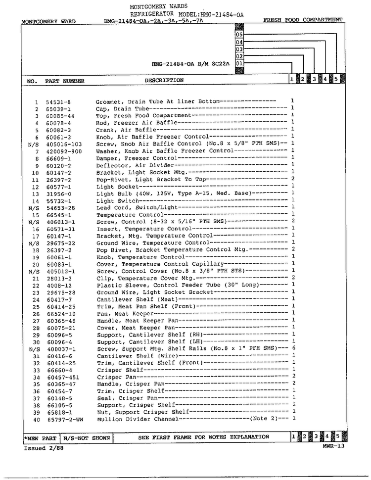 Fresh Food Compartment Page 2 Diagram and Parts List for 21484-OA  Admiral Refrigerator