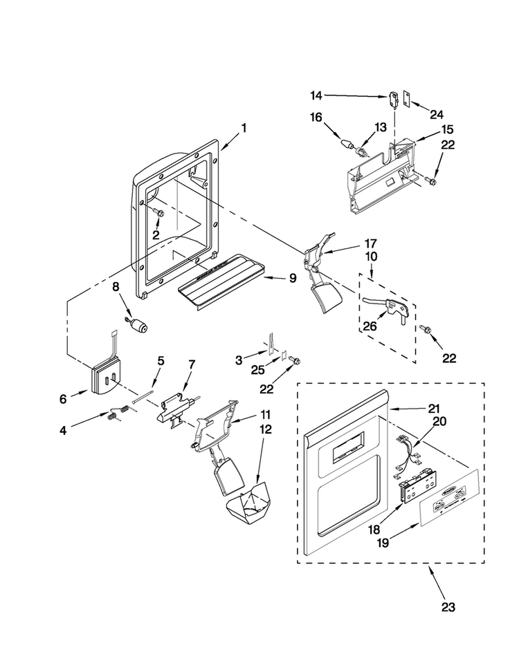 Dispenser Front Parts Diagram and Parts List for CS22CFXTS05  Crosley Refrigerator