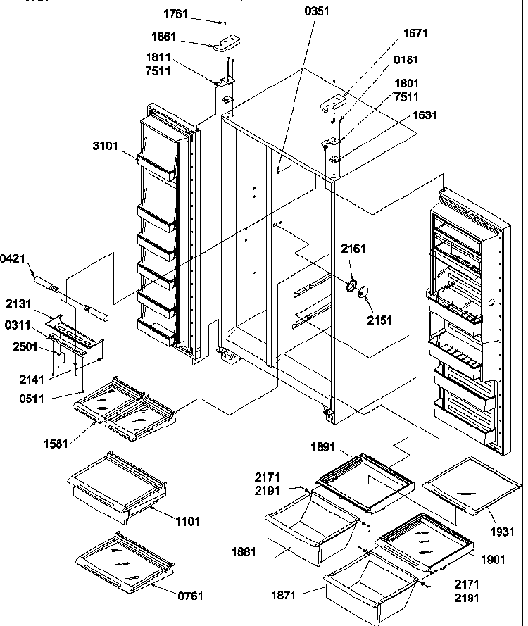 Refrigerator/freezer Shelves, Lights, And Hinges Diagram and Parts List for SB520TW-P1308601WW  Amana Refrigerator