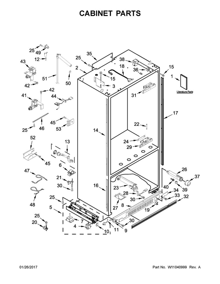 Cabinet Parts Diagram and Parts List for JB36NXFXLE01  Jenn-Air Refrigerator