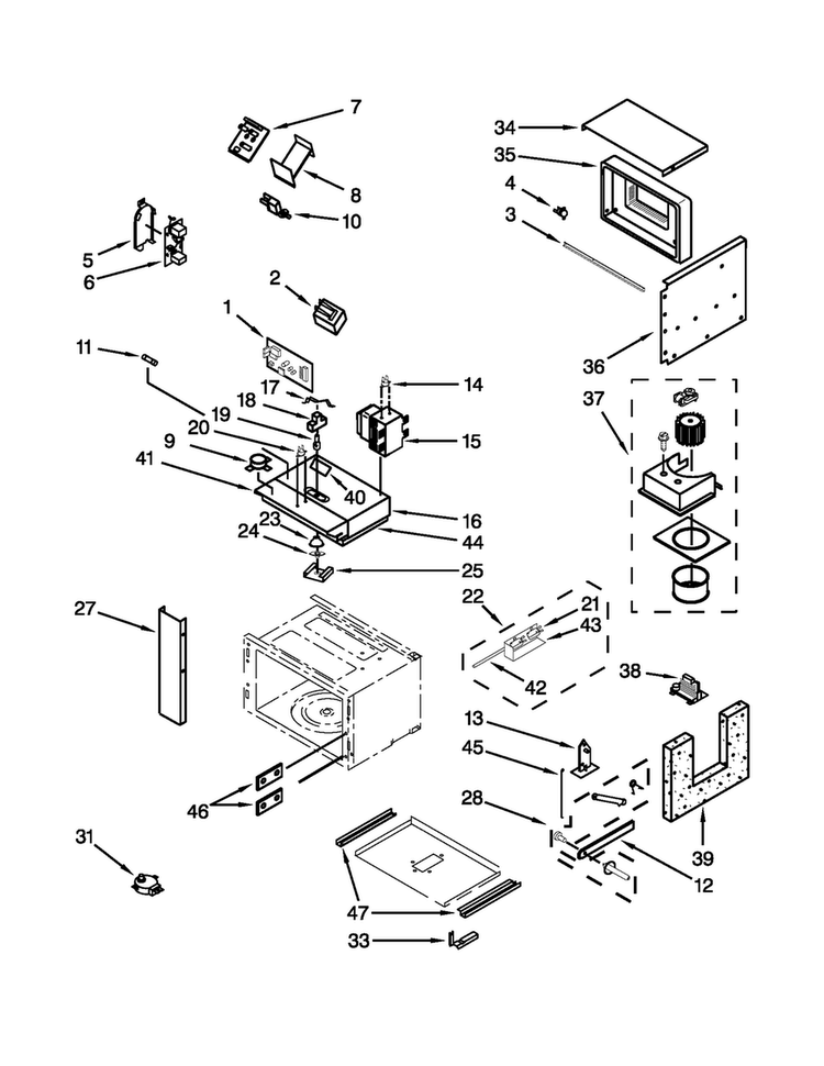 Cabinet And Stirrer Parts Diagram and Parts List for JMW2427WS01  Jenn-Air Microwave