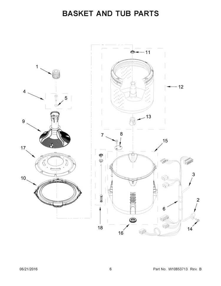 Basket And Tub Parts Diagram and Parts List for MVWC215EW1  Maytag Washer