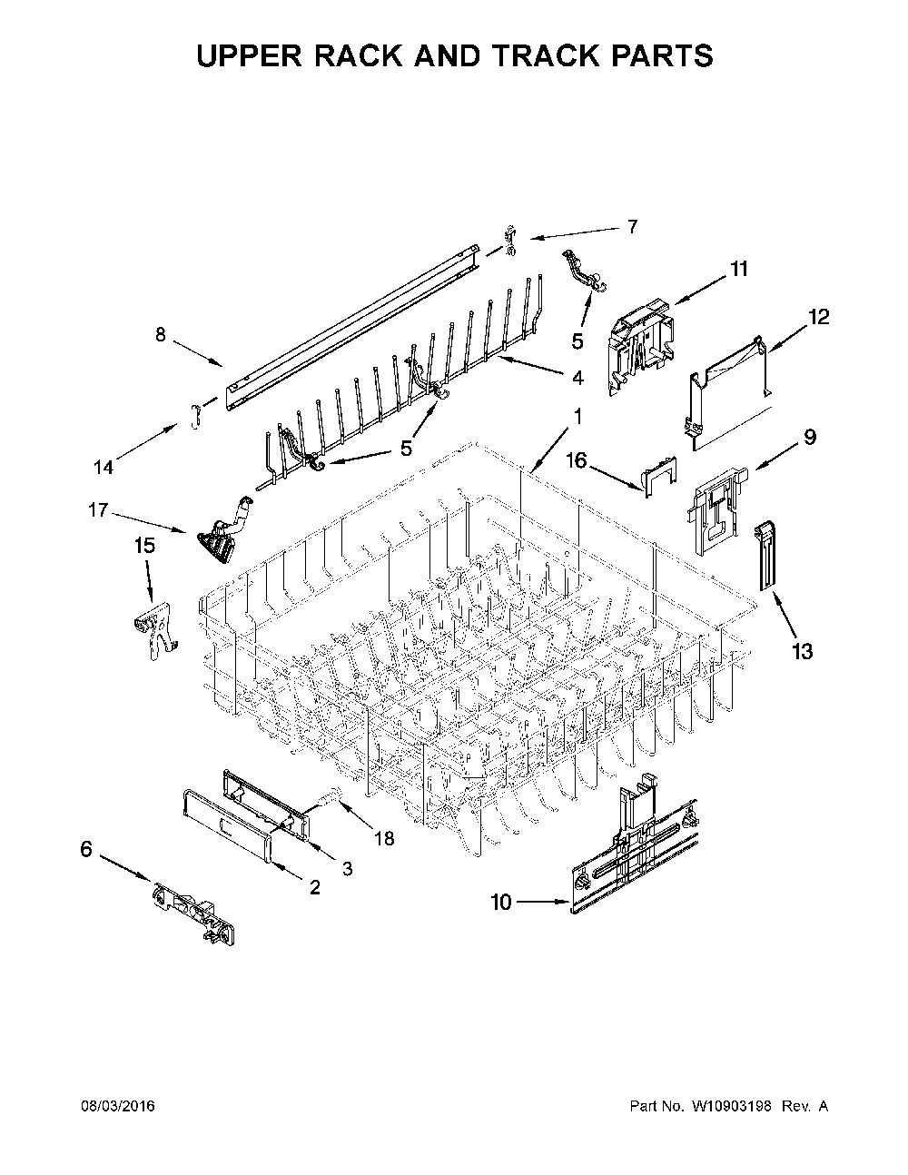 Upper Rack And Track Parts Diagram and Parts List for 66514703N511  Kenmore Dishwasher