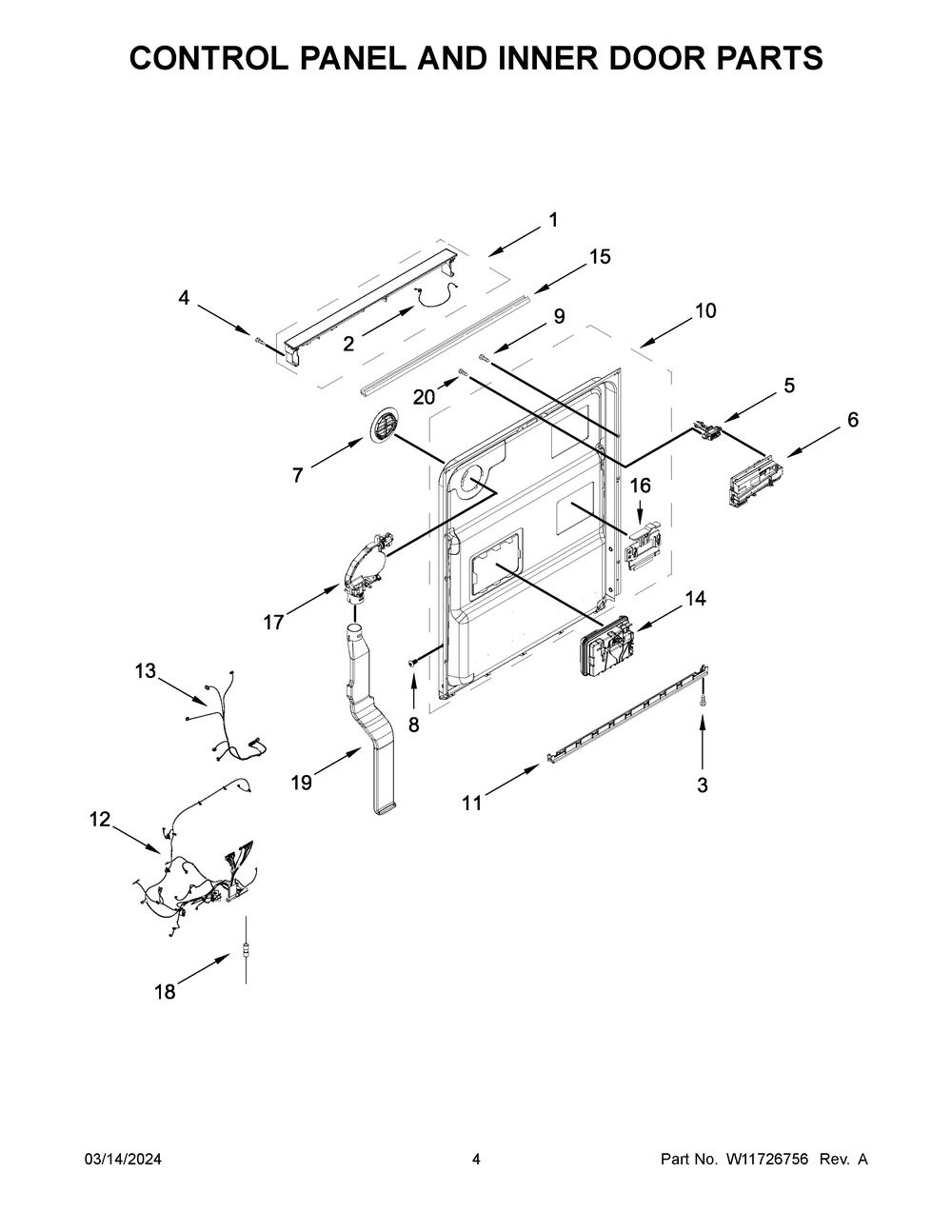 Control Panel And Inner Door Parts Diagram and Parts List for JDPSS244PL1  Jenn-Air Dishwasher
