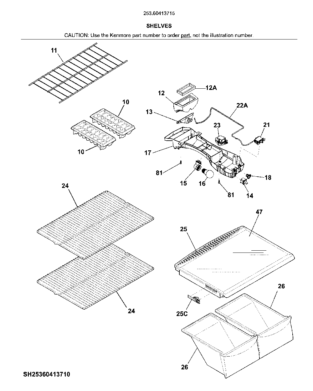 Shelves Diagram and Parts List for 25360413715  Kenmore Refrigerator