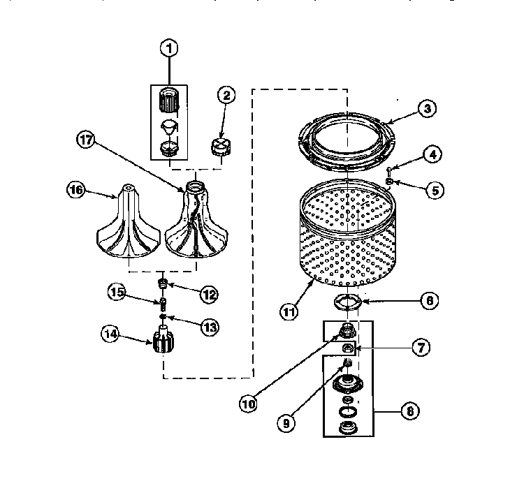 Agitator, Drive Bell, Seal Kit, Washtub And Hub Diagram and Parts List for CW8202W2-PCW8202W2B  Crosley Washer