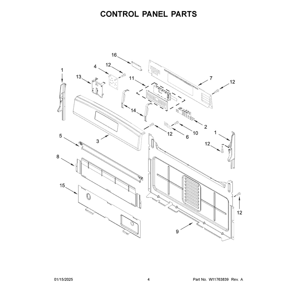 Control Panel Parts Diagram and Parts List for ZRGW3488RS0  Crosley Range