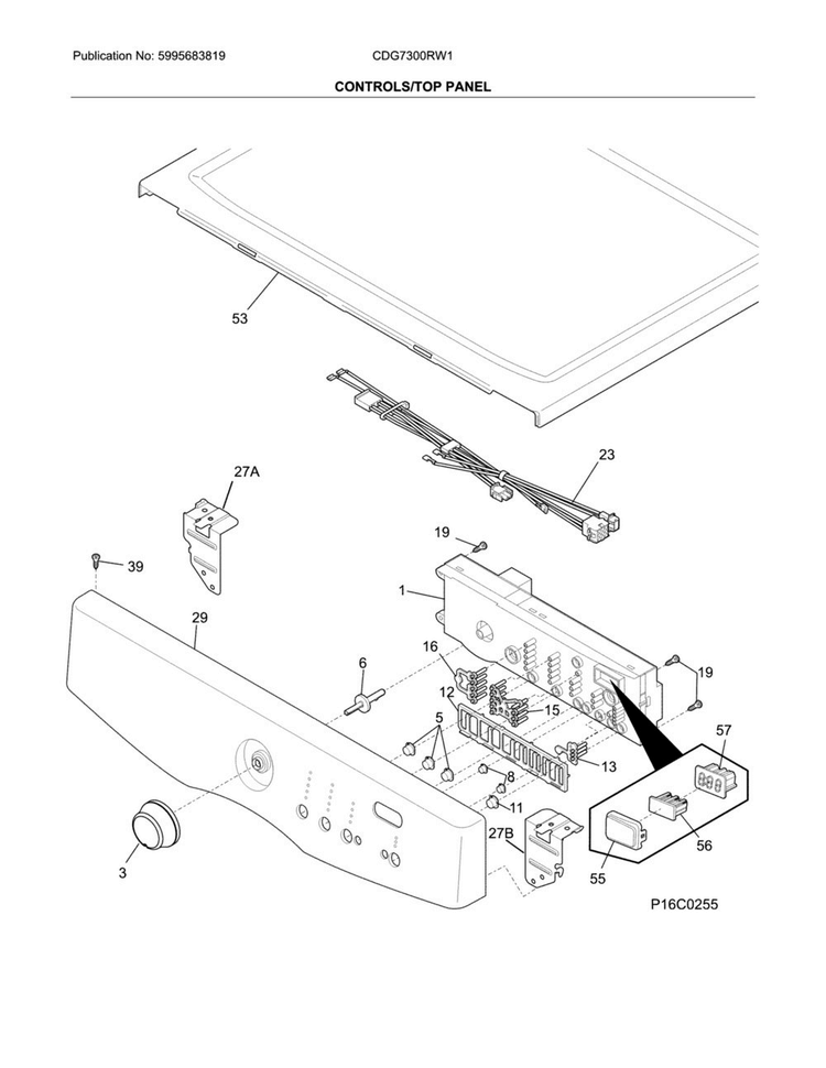 Controls/top Panel Diagram and Parts List for CDG7300RW1  Crosley Dryer