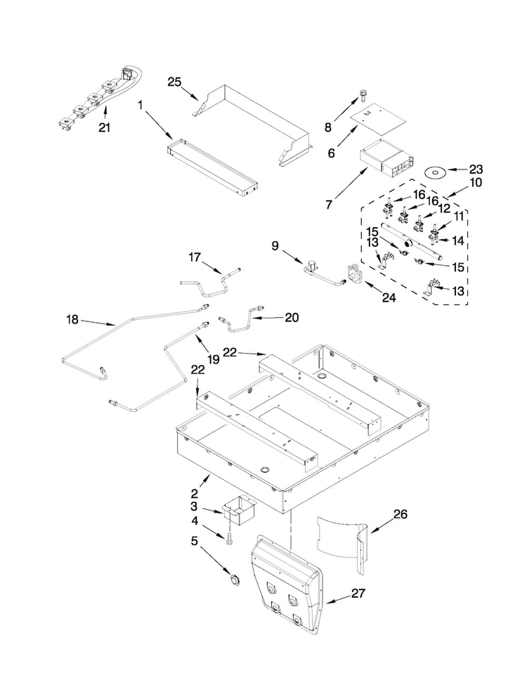 Burner Box Assembly Diagram and Parts List for JGD3430WS00  Jenn-Air Cooktop