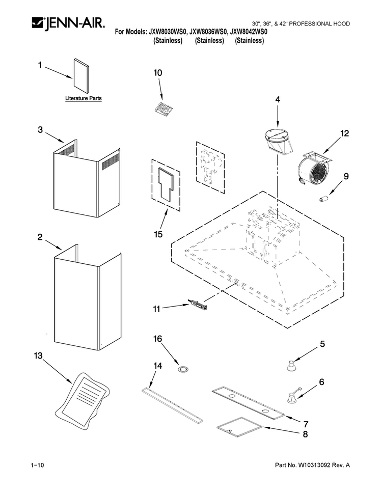 Hood Parts Diagram and Parts List for JXW8036WS0  Jenn-Air Range Hood