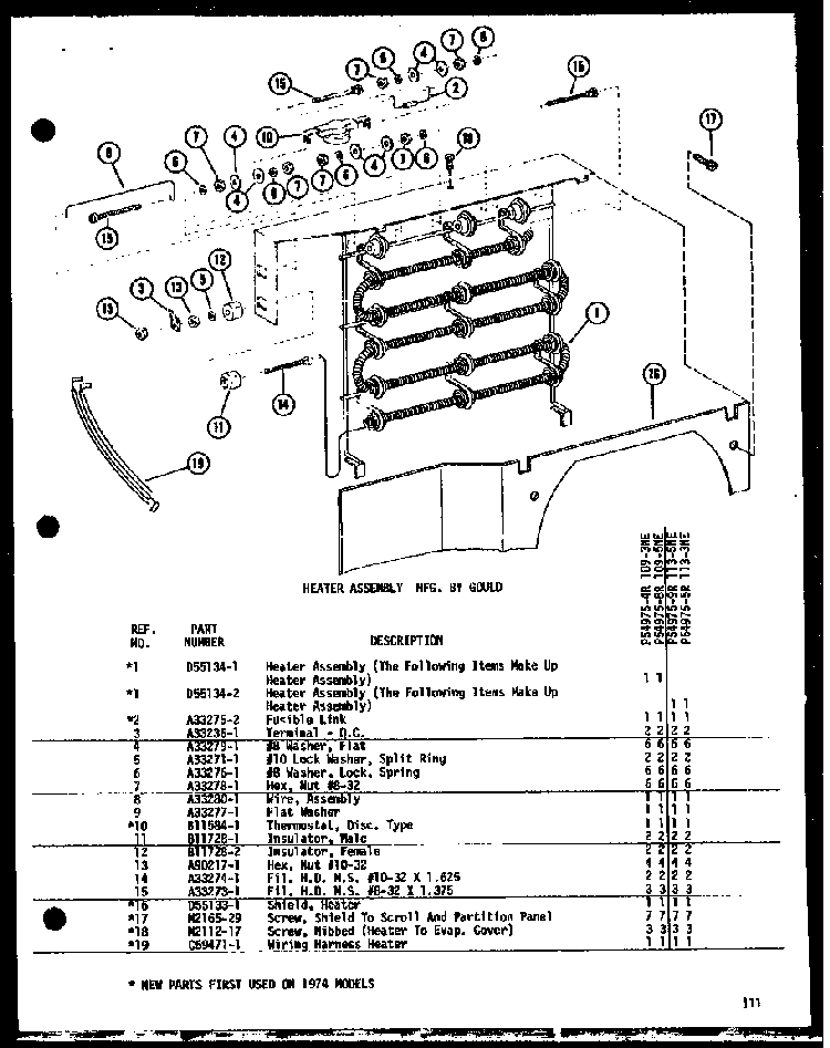 Heater Assembly Mfg. By Gould Diagram and Parts List for 109-5N P54975-6R Amana Air Conditioner