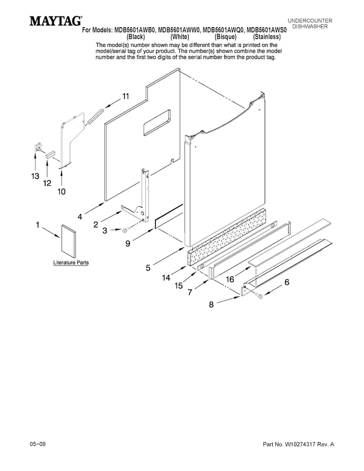 Door And Panel Parts Diagram and Parts List for MDB5601AWS0  Maytag Dishwasher