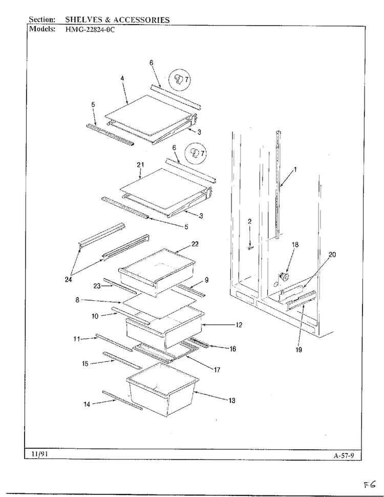 Shelves And Accessories Diagram and Parts List for 22824-0B  Admiral Refrigerator