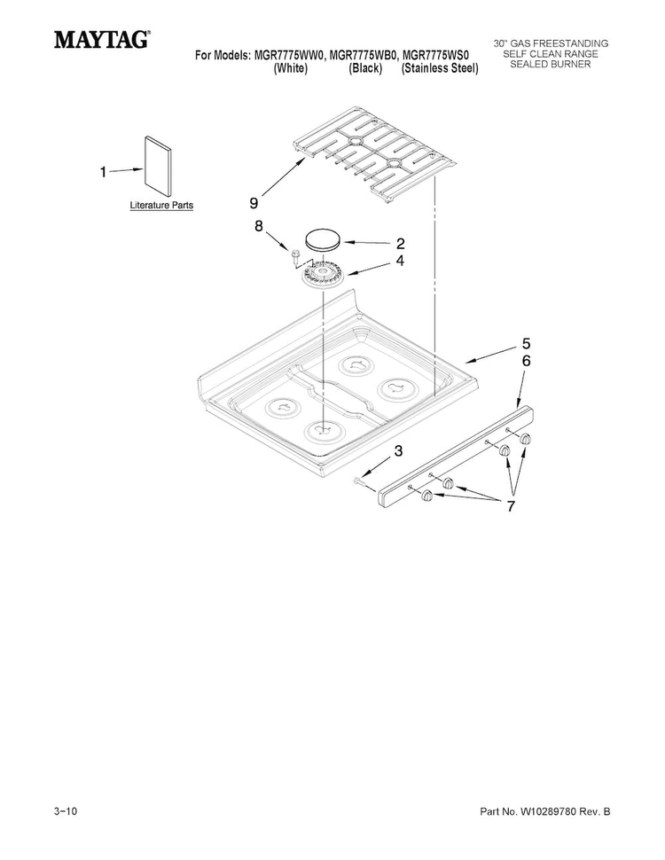 Cooktop Parts Diagram and Parts List for MGR7775WW0  Maytag Range