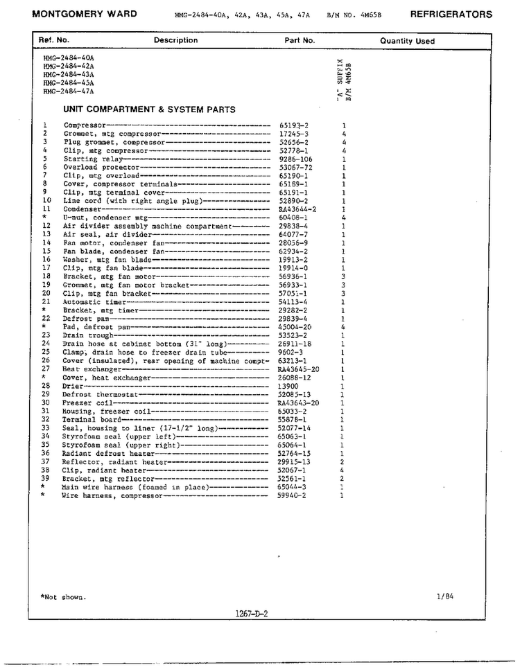 Unit Compartment/system Page 2 Diagram and Parts List for 2484-42A  Admiral Refrigerator