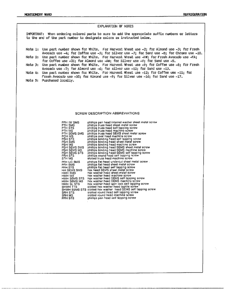 Explanation Of Notes Diagram and Parts List for 19973C  Admiral Refrigerator