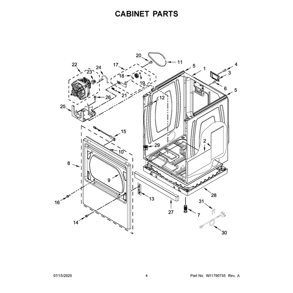Cabinet Parts Diagram and Parts List for YMED7205RR0  Maytag Dryer