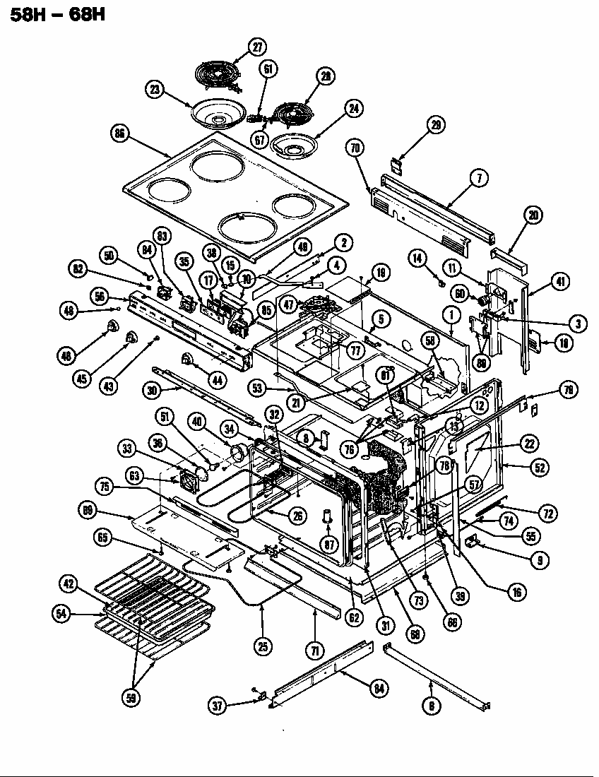 Body Diagram and Parts List for S58H-2CXW  Magic Chef Range