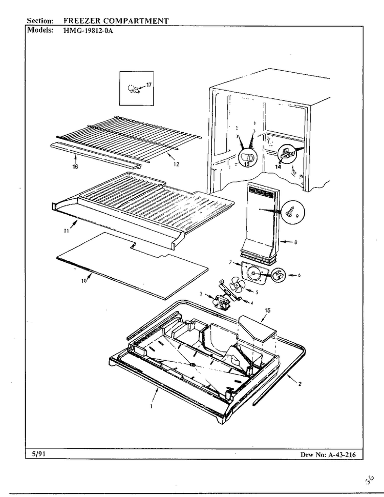 Freezer Compartment Diagram and Parts List for 19812-0A  Admiral Refrigerator