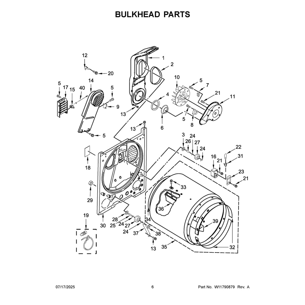 Bulkhead Parts Diagram and Parts List for YMED4205SW0  Maytag Dryer