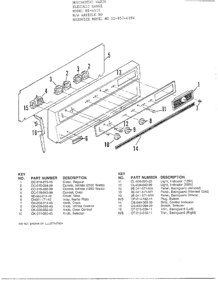 Electric Range Diagram and Parts List for 4519  Hardwick Range