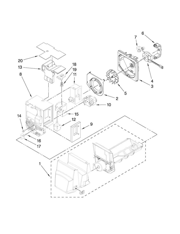 Motor And Ice Container Parts Diagram and Parts List for MFI2269VEM3  Maytag Refrigerator