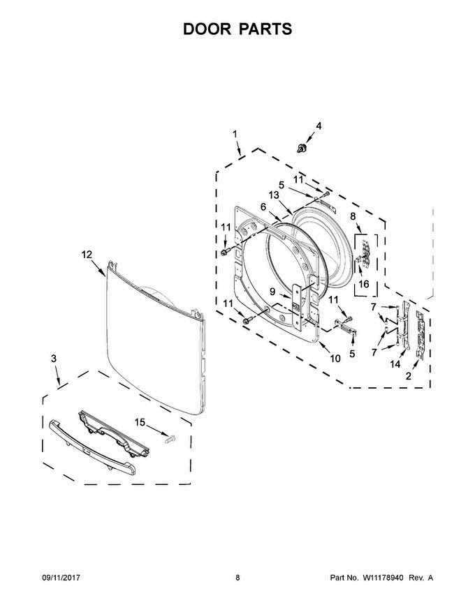 05 - Door Parts Diagram and Parts List for MED5500FC1  Maytag Dryer