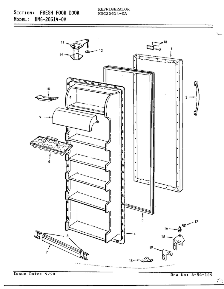 Fresh Food Door Diagram and Parts List for 6540A REV Admiral Refrigerator