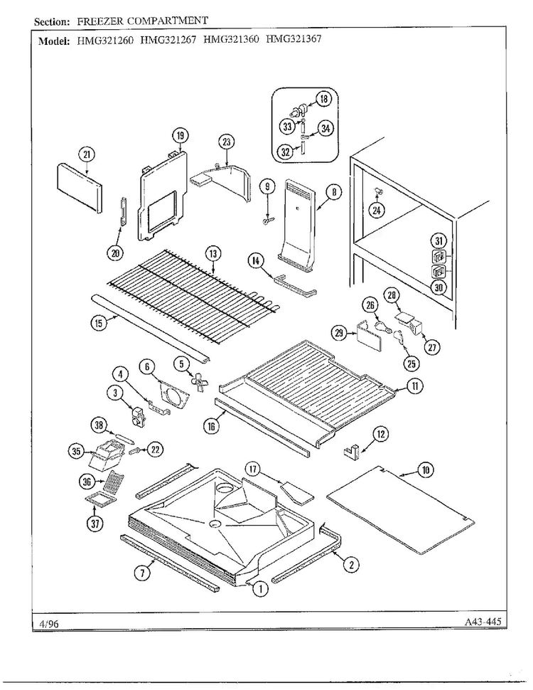 Freezer Compartment Diagram and Parts List for HMG321267  Admiral Refrigerator