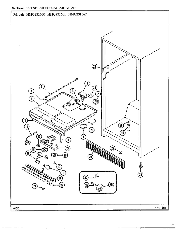 Fresh Food Compartment Diagram and Parts List for HMG-231667  Admiral Refrigerator