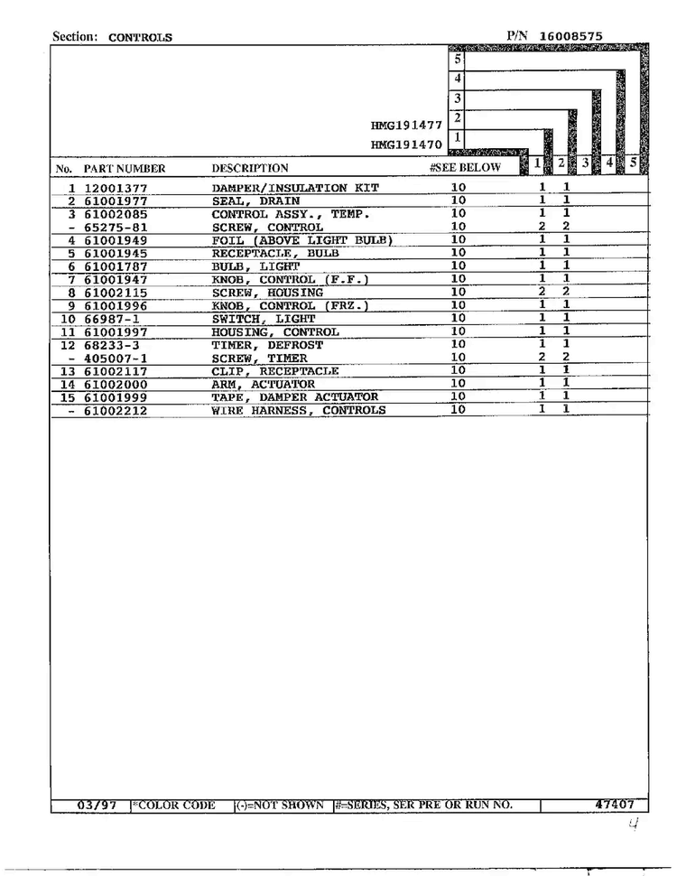 Controls Page 2 Diagram and Parts List for HMG191470  Admiral Refrigerator